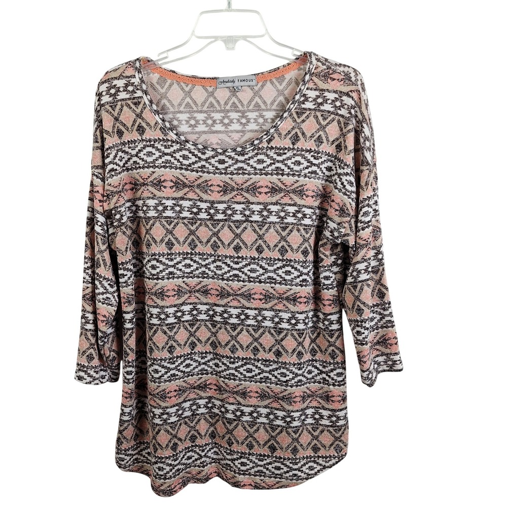 Absolutely‎ Famous Womens XL Peach Southwestern Geometric Knit 3/4 Sleeve Top